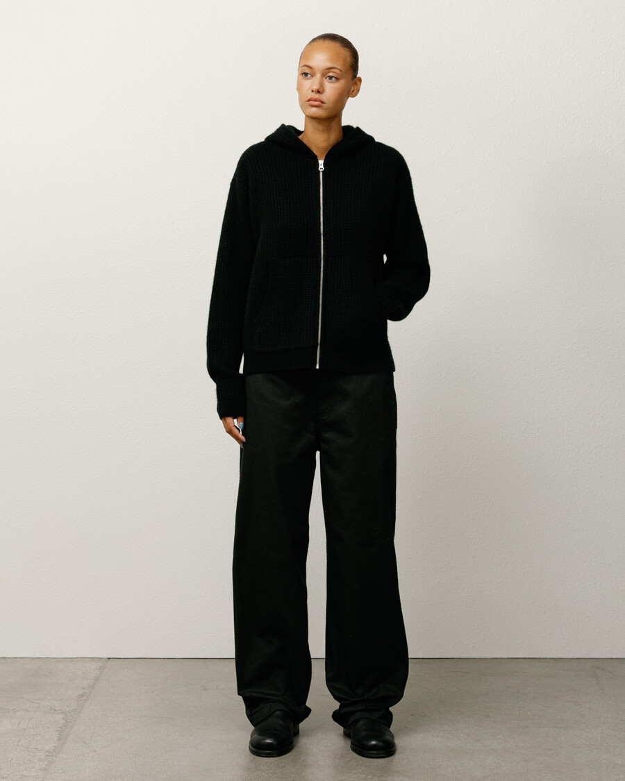 waffle cashmere zip hood sweater